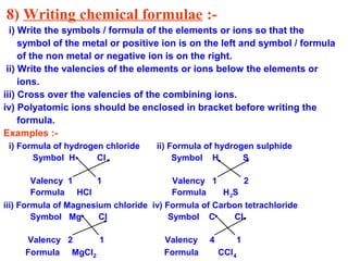 8) Writing chemical formulae :-
i) Write the symbols / formula of the elements or ions so that the
symbol of the metal or positive ion is on the left and symbol / formula
of the non metal or negative ion is on the right.
ii) Write the valencies of the elements or ions below the elements or
ions.
iii) Cross over the valencies of the combining ions.
iv) Polyatomic ions should be enclosed in bracket before writing the
formula.
Examples :-
i) Formula of hydrogen chloride ii) Formula of hydrogen sulphide
Symbol H Cl Symbol H S
Valency 1 1 Valency 1 2
Formula HCl Formula H2S
iii) Formula of Magnesium chloride iv) Formula of Carbon tetrachloride
Symbol Mg Cl Symbol C Cl
Valency 2 1 Valency 4 1
Formula MgCl2 Formula CCl4
 