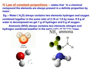 ii) Law of constant proportions :- states that ‘ In a chemical
compound the elements are always present in a definite proportion by
mass’.
Eg :- Water ( H2O) always contains two elements hydrogen and oxygen
combined together in the same ratio of 2:16 or 1:8 by mass. If 9 g of
water is decomposed we get 1 g of hydrogen and 8 g of oxygen.
Ammonia (NH3) always contains two elements nitrogen and
hydrogen combined together in the same ratio of 14:3 by mass.
 