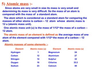 5) Atomic mass :-
Since atoms are very small in size its mass is very small and
determining its mass is very difficult. So the mass of an atom is
compared with the mass of a standard atom.
The atom which is considered as a standard atom for comparing the
masses of other atoms is carbon – 12 atom whose atomic mass is
12 u (atomic mass unit).
One atomic mass unit (u) is the mass of 1/12th
the mass of a carbon –
12 atom.
The atomic mass of an element is defined as the average mass of one
atom of the element compared with 1/12th
the mass of a carbon – 12
atom.
Atomic masses of some elements :-
Element Atomic mass (u) Element Atomic mass (u)
Hydrogen 1 Magnesium 24
Carbon 12 Aluminium 27
Nitrogen 14 Sulphur 32
Oxygen 16 Chlorine 35.5
Sodium 23 Calcium 40
 