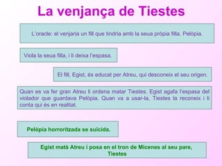 La venjança de Tiestes L’oracle: el venjaria un fill que tindria amb la seua pròpia filla. Pelòpia. Viola la seua filla, i li deixa l’espasa.  El fill, Egist, és educat per Atreu, qui desconeix el seu origen. Quan es va fer gran Atreu li ordena matar Tiestes. Egist agafa l’espasa del violador que guardava Pelòpia. Quan va a usar-la, Tiestes la reconeix i li conta qui és en realitat. Pelòpia horroritzada se suïcida. Egist matà Atreu i posa en el tron de Micenes al seu pare,  Tiestes 