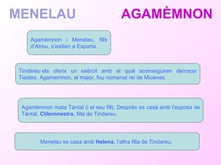 MENELAU   AGAMÈMNON Agamèmnon i Menelau, fills d’Atreu, s’exilien a Esparta. Tindáreu els oferix un exèrcit amb el qual aconseguiren derrocar Tiestes. Agamemnon, el major, fou nomenat rei de Micenes. Agamèmnon mata Tàntal (i el seu fill). Després es casà amb l’esposa de Tàntal,  Clitemnestra , filla de Tindareu.  Menelau es casa amb  Helena , l’altra filla de Tindareu.  