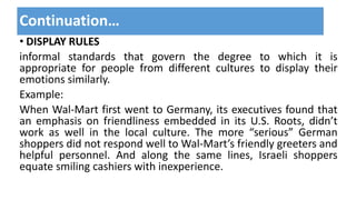 Continuation…
• DISPLAY RULES
informal standards that govern the degree to which it is
appropriate for people from different cultures to display their
emotions similarly.
Example:
When Wal-Mart first went to Germany, its executives found that
an emphasis on friendliness embedded in its U.S. Roots, didn’t
work as well in the local culture. The more “serious” German
shoppers did not respond well to Wal-Mart’s friendly greeters and
helpful personnel. And along the same lines, Israeli shoppers
equate smiling cashiers with inexperience.
 