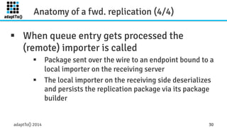 Anatomy of a fwd. replication (4/4) 
§ When queue entry gets processed the 
(remote) importer is called 
§ Package sent over the wire to an endpoint bound to a 
local importer on the receiving server 
§ The local importer on the receiving side deserializes 
and persists the replication package via its package 
builder 
adaptTo() 2014 30 
 