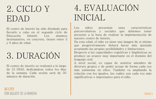 2. CICLO Y
EDAD
El centro de interés ha sido diseñado para
llevarlo a cabo en el segundo ciclo de
Educación Infantil. Los alumnos
destinatarios, en concreto, tienen entre 5
y 6 años de edad.
4. EVALUACIÓN
INICIAL
Los niños presentan unas características
psicoevolutivas y sociales que debemos tener
presente a la hora de realizar la implementación de
nuestro centro de interés.
Ha esta edad, el niño ya tiene una imagen de sí mismo
que progresivamente deberá hacer más ajustada
aceptando las propias posibilidades y limitaciones.
Respecto a las capacidades cognitivas y lingüísticas se
produce un avance muy importante en el dominio del
lenguaje oral.
A nivel social, es capaz de sentirse miembro de
diversos grupos y de poder actuar de forma cada vez
más autónoma en ellos. También va ampliando la
relación con los iguales, las cuáles son cada vez más
significativas e importantes para el niño.
3. DURACIÓN
El centro de interés se realizará a lo largo
de 15 DÍAS, dedicándose todos los días
de la semana. Cada sesión será de 50
minutos de duración.
PÁGINA 4
AG 1,2Y3
DON QUIJOTE DE LA MANCHA
 