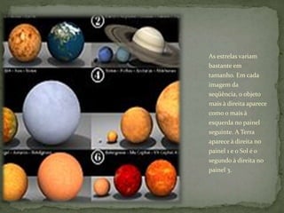 As estrelas variam
bastante em
tamanho. Em cada
imagem da
seqüência, o objeto
mais à direita aparece
como o mais à
esquerda no painel
seguinte. A Terra
aparece à direita no
painel 1 e o Sol é o
segundo à direita no
painel 3.
 
