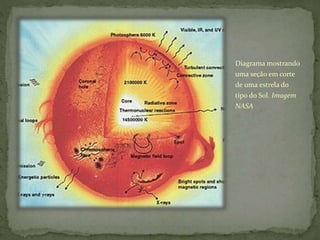 Diagrama mostrando
uma seção em corte
de uma estrela do
tipo do Sol. Imagem
NASA
 
