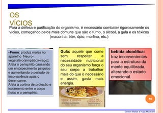 Gerson Matias e Hugo Mizukami
10
Para a defesa e purificação do organismo, é necessário combater rigorosamente os
vícios, começando pelos mais comuns que são o fumo, o álcool, a gula e os tóxicos
(maconha, éter, ópio, morfina, etc.)
OS
VÍCIOS
• Fumo: produz males no
aparelho Neuro-
vegetativo(simpático-vago);
Afeta o perispírito causando
um entorpecimento psíquico
e aumentando o período de
inconsciência após o
desencarne.
Afeta a cortina de proteção e
isolamento entre o corpo
físico e o perispírito.
Gula: aquele que come
sem respeitar a
necessidade nutricional
do seu organismo força o
seu corpo a trabalhar
mais do que o necessário
e assim, gasta mais
energia.
bebida alcoólica:
traz inconvenientes
para a estrutura da
mente equilibrada,
alterando o estado
emocional.
 