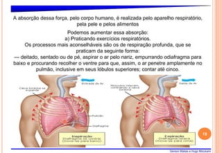 Gerson Matias e Hugo Mizukami
18
Podemos aumentar essa absorção:
a) Praticando exercícios respiratórios.
Os processos mais aconselháveis são os de respiração profunda, que se
praticam da seguinte forma:
— deitado, sentado ou de pé, aspirar o ar pelo nariz, empurrando odiafragma para
baixo e procurando recolher o ventre para que, assim, o ar penetre amplamente no
pulmão, inclusive em seus lóbulos superiores; contar até cinco.
A absorção dessa força, pelo corpo humano, é realizada pelo aparelho respiratório,
pela pele e pelos alimentos
 