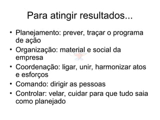 Para atingir resultados...
• Planejamento: prever, traçar o programa
de ação
• Organização: material e social da
empresa
• Coordenação: ligar, unir, harmonizar atos
e esforços
• Comando: dirigir as pessoas
• Controlar: velar, cuidar para que tudo saia
como planejado
 