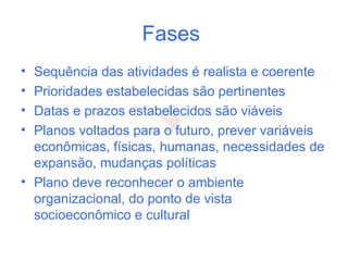Fases
• Sequência das atividades é realista e coerente
• Prioridades estabelecidas são pertinentes
• Datas e prazos estabelecidos são viáveis
• Planos voltados para o futuro, prever variáveis
econômicas, físicas, humanas, necessidades de
expansão, mudanças políticas
• Plano deve reconhecer o ambiente
organizacional, do ponto de vista
socioeconômico e cultural
 