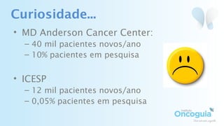 Curiosidade...
• MD Anderson Cancer Center:
– 40 mil pacientes novos/ano
– 10% pacientes em pesquisa
• ICESP
– 12 mil pacientes novos/ano
– 0,05% pacientes em pesquisa
 