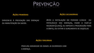 AÇÕES PRIMÁRIAS
DIRIGEM-SE À PREVENÇÃO DAS DOENÇAS
OU MANUTENÇÃO DA SAÚDE.
AÇÕES SECUNDÁRIAS
APÓS A INSTALAÇÃO DO PERÍODO CLÍNICO OU
PATOLÓGICO DAS DOENÇAS, VISAM A FAZÊ-LO
REGREDIR (CURA), OU IMPEDIR A PROGRESSÃO PARA
O ÓBITO, OU EVITAR O SURGIMENTO DE SEQÜELAS
AÇÕES TERCIÁRIAS
PROCURA MINIMIZAR OS DANOS JÁ OCORRIDOS COM
A DOENÇA.
PREVENÇÃO
 