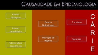 CAUSALIDADE EM EPIDEMIOLOGIA
Fatores
Biológicos
Fatores
Hereditários
Fatores Sócio-
econômicos
Fatores
Nutricionais
Instrução de
Higiene
S. mutans
Sacarose
C
Á
R
I
E
 