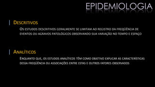 | DESCRITIVOS
OS ESTUDOS DESCRITIVOS GERALMENTE SE LIMITAM AO REGISTRO DA FREQÜÊNCIA DE
EVENTOS OU AGRAVOS PATOLÓGICOS OBSERVANDO SUA VARIAÇÃO NO TEMPO E ESPAÇO
| ANALÍTICOS
ENQUANTO QUE, OS ESTUDOS ANALÍTICOS TÊM COMO OBJETIVO EXPLICAR AS CARACTERÍSTICAS
DESSA FREQÜÊNCIA OU ASSOCIAÇÕES ENTRE ESTAS E OUTROS FATORES OBSERVADOS
EPIDEMIOLOGIA
 
