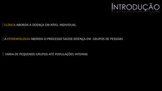 |CLÍNICA ABORDA A DOENÇA EM NÍVEL INDIVIDUAL
|A EPIDEMIOLOGIA ABORDA O PROCESSO SAÚDE-DOENÇA EM GRUPOS DE PESSOAS
| VARIA DE PEQUENOS GRUPOS ATÉ POPULAÇÕES INTEIRAS
INTRODUÇÃO
 