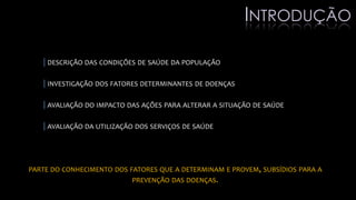 |DESCRIÇÃO DAS CONDIÇÕES DE SAÚDE DA POPULAÇÃO
|INVESTIGAÇÃO DOS FATORES DETERMINANTES DE DOENÇAS
|AVALIAÇÃO DO IMPACTO DAS AÇÕES PARA ALTERAR A SITUAÇÃO DE SAÚDE
|AVALIAÇÃO DA UTILIZAÇÃO DOS SERVIÇOS DE SAÚDE
PARTE DO CONHECIMENTO DOS FATORES QUE A DETERMINAM E PROVEM, SUBSÍDIOS PARA A
PREVENÇÃO DAS DOENÇAS.
INTRODUÇÃO
 