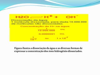 Figura ilustra a dissociação da água e as diversas formas de
expressar a concentração dos íons hidrogênio dissociados.
 