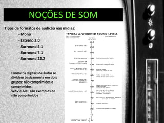 DIREÇÃO DE PROGRAMAS
NOÇÕES DE SOM
Tipos de formatos de audição nas mídias:
- Mono
- Estereo 2.0
- Surround 5.1
- Surround 7.1
- Surround 22.2

Formatos digitais de áudio se
dividem basicamente em dois
grupos: não comprimidos e
comprimidos.
WAV e AIFF são exemplos de
não comprimidos

 