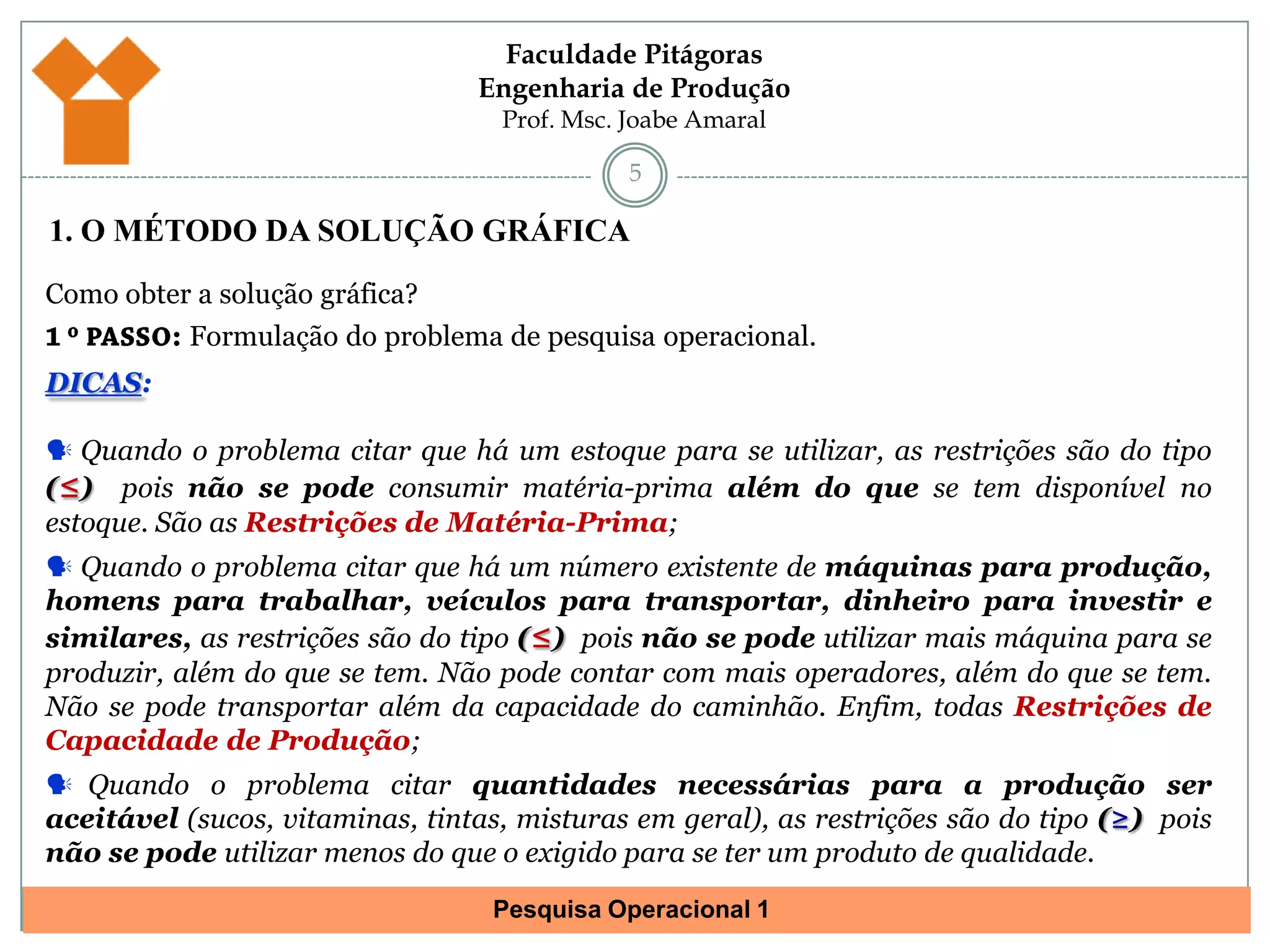1. O MÉTODO DA SOLUÇÃO GRÁFICA5Como obter a solução gráfica?1 º PASSO: Formulação do problema de pesquisa operacional.DICAS: Quando o problema citar que há um estoque para se utilizar, as restrições são do tipo (≤)pois não se pode consumir matéria-prima além do que se tem disponível no estoque. São as Restrições de Matéria-Prima;