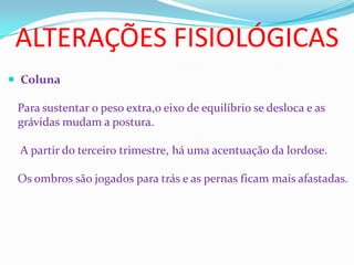 ALTERAÇÕES FISIOLÓGICAS
 Coluna
Para sustentar o peso extra,o eixo de equilíbrio se desloca e as
grávidas mudam a postura.
A partir do terceiro trimestre, há uma acentuação da lordose.
Os ombros são jogados para trás e as pernas ficam mais afastadas.
 