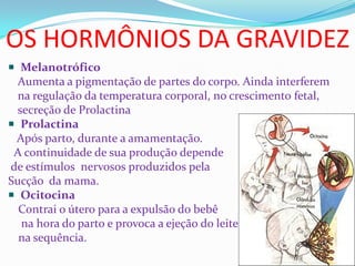 OS HORMÔNIOS DA GRAVIDEZ
 Melanotrófico
Aumenta a pigmentação de partes do corpo. Ainda interferem
na regulação da temperatura corporal, no crescimento fetal,
secreção de Prolactina
 Prolactina
Após parto, durante a amamentação.
A continuidade de sua produção depende
de estímulos nervosos produzidos pela
Sucção da mama.
 Ocitocina
Contrai o útero para a expulsão do bebê
na hora do parto e provoca a ejeção do leite
na sequência.
 