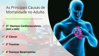 As Principais Causas de
Mortalidade no Adulto
 1º Doenças Cardiovasculares
(AVC e IAM)
 2° Câncer
 3° Traumas
 4° Doenças Respiratórias
 