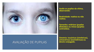 AVALIAÇÃO DE PUPILAS
Avalie as pupilas da vítima,
observando:
Reatividade: reativa ou não
reativa.
Tamanho: midríase (pupilas
dilatadas) ou miose (pupilas
contraídas).
Simetria: isocóricas (simétricas),
anisocóricas (assimétricas) ou
desvio conjugado.
 
