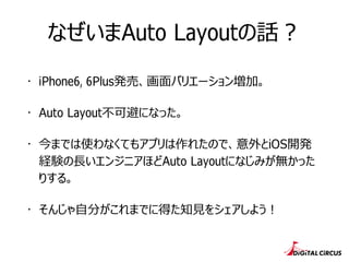 なぜいまAuto Layoutの話？
・ iPhone6, 6Plus発売、画⾯面バリエーション増加。
・ Auto Layout不不可避になった。
・ 今までは使わなくてもアプリは作れたので、意外とiOS開発
経験の⻑⾧長いエンジニアほどAuto Layoutになじみが無かった
りする。
・ そんじゃ⾃自分がこれまでに得た知⾒見見をシェアしよう！
 