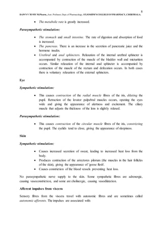 8
DAWN V TOMY M.Pharm.,Asst. Professor, Dept.of Pharmacology, ST.JOSEPH’S COLLEGEOFPHARMACY, CHERTHALA.
 The metabolic rate is greatly increased.
Parasympathetic stimulation:
 The stomach and small intestine. The rate of digestion and absorption of food
is increased.
 The pancreas. There is an increase in the secretion of pancreatic juice and the
hormone insulin.
 Urethral and anal sphincters. Relaxation of the internal urethral sphincter is
accompanied by contraction of the muscle of the bladder wall and micturition
occurs. Similar relaxation of the internal anal sphincter is accompanied by
contraction of the muscle of the rectum and defecation occurs. In both cases
there is voluntary relaxation of the external sphincters.
Eye
Sympathetic stimulation:
 This causes contraction of the radial muscle fibres of the iris, dilating the
pupil. Retraction of the levator palpebral muscles occurs, opening the eyes
wide and giving the appearance of alertness and excitement. The ciliary
muscle that adjusts the thickness of the lens is slightly relaxed.
Parasympathetic stimulation:
 This causes contraction of the circular muscle fibres of the iris, constricting
the pupil. The eyelids tend to close, giving the appearance of sleepiness.
Skin
Sympathetic stimulation:
 Causes increased secretion of sweat, leading to increased heat loss from the
body.
 Produces contraction of the arrectores pilorum (the muscles in the hair follicles
of the skin), giving the appearance of 'goose flesh'.
 Causes constriction of the blood vessels preventing heat loss.
No parasympathetic nerve supply to the skin. Some sympathetic fibres are adrenergic,
causing vasoconstriction, and some are cholinergic, causing vasodilatation.
Afferent impulses from viscera
Sensory fibres from the viscera travel with autonomic fibres and are sometimes called
autonomic afferents. The impulses are associated with:
 