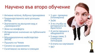 Научено във второ обучение 
• Активно четене; Азбучна тренировка 
• Градинарстването като успешен 
метод 
• Значението на външния вид и 
„гримирането“ 
• Зона на комфорта 
• Историческо значение на публичните 
речи 
• Монодиалогично майсторство- 
ЗИПКЕ 
• Пушката на Чехов 
• Силата на сравненията 
• Съчетаване на мисъл и емоции 
• 1 цел- промяна 
(планирана) 
• 3х3К 
• 3-те стълба на 
реториката по 
Аристотел 
• 4 чести грешки в 
общуването 
• 5 вида смях; 5 
стимулния 
петнаграм 
• 6 етапа на научаване 
• 9К? 
 