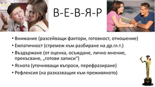 В-Е-В-Я-Р 
• Внимание (разсейващи фактори, готовност, отношение) 
• Емпатичност (стремеж към разбиране на др.гл.т.) 
• Въздържане (от оценка, осъждане, лично мнение, 
прекъсване, „готови записи“) 
• Яснота (уточняващи въпроси, перефразиране) 
• Рефлексия (на разказващия към преживяното) 
 