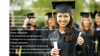 Какво научихме днес 
• Бърза помощ от Филип Броугтън 
• Всичко общо- ТЕПАНЦАЦ 
• НИЦИПЕПС съвети; 
• Силата на айсберга 
• Семантично гнездо и творческата му сила 
• Течно говорене 
• 3-те елемента на аргумента 
• 5 елемента на активното слушане- ВЕВЯР 
• 6 вида слушане 
• 7-те спици на колелото на успеха 
• 7-те стеснения на информационния поток 
• 9-те вида публични самоубийства 
 