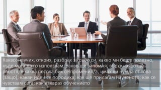 Какво: научих, открих, разбрах за себе си, какво ми беше полезно, 
къде мога да го използвам, какво ще запомня, върху какво ще 
работя, в каква посока бих се променил/а, имах ли нужда от това 
(защо); какви идеи се породиха; как ще прилагам наученото; как се 
чувствам сега; как изкарах обучението 
 