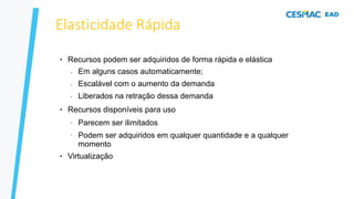 Elasticidade Rápida
● Recursos podem ser adquiridos de forma rápida e elástica
–
–
–
Em alguns casos automaticamente;
Escalável com o aumento da demanda
Liberados na retração dessa demanda
● Recursos disponíveis para uso
–
–
Parecem ser ilimitados
Podem ser adquiridos em qualquer quantidade e a qualquer
momento
● Virtualização
 