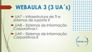 WEBAULA 3 (3 UA´s)
 UA7 – Infraestrutura de TI e
sistemas de suporte II
 UA8 – Sistemas de Informação
Corporativos I
 UA9 – Sistemas de Informação
Corporativos II
 
