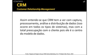 Assim entende-se que CRM tem a ver com captura,
processamento, análise e distribuição de dados (isso
ocorre em todos os tipos de sistemas), mas com a
total preocupação com o cliente pois ele é o centro
do modelo de dados.
17/10/2012 48
Fonte: Peppers & Rogers Group CRM Series Marketing 1to1 3ª Edição São Paulo, 2004
 