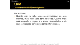 Necessidade
◾ Quanto mais se sabe sobre as necessidades de seus
clientes, mais valor você tem para eles. Quanto mais
você entende e responde a essas necessidades, mais
seus serviços são percebidos como diferenciados.
17/10/2012 51
Fonte: Peppers & Rogers Group CRM Series Marketing 1to1 3ª Edição São Paulo, 2004
 