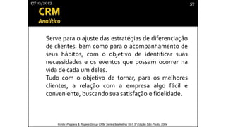 Serve para o ajuste das estratégias de diferenciação
de clientes, bem como para o acompanhamento de
seus hábitos, com o objetivo de identificar suas
necessidades e os eventos que possam ocorrer na
vida de cada um deles.
Tudo com o objetivo de tornar, para os melhores
clientes, a relação com a empresa algo fácil e
conveniente, buscando sua satisfação e fidelidade.
17/10/2012 57
Fonte: Peppers & Rogers Group CRM Series Marketing 1to1 3ª Edição São Paulo, 2004
 