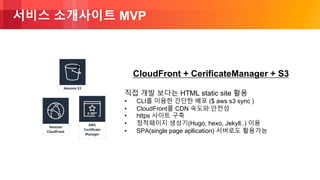 © 2018, Amazon Web Services, Inc. or its Affiliates. All rights reserved.
서비스 소개사이트 MVP
CloudFront + CerificateManager + S3
직접 개발 보다는 HTML static site 활용
• CLI를 이용한 간단한 배포 ($ aws s3 sync )
• CloudFront를 CDN 속도와 안전성
• https 사이트 구축
• 정적페이지 생성기(Hugo, hexo, Jekyll..) 이용
• SPA(single page apllication) 서버로도 활용가능
+
 