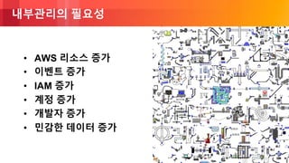 © 2018, Amazon Web Services, Inc. or its Affiliates. All rights reserved.
내부관리의 필요성
• AWS 리소스 증가
• 이벤트 증가
• IAM 증가
• 계정 증가
• 개발자 증가
• 민감한 데이터 증가
 