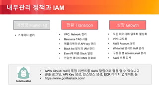 © 2018, Amazon Web Services, Inc. or its Affiliates. All rights reserved.
내부관리 정책과 IAM
• 스테이지 분리 • VPC, Network 정리
• Resource TAG 사용
• 애플리케이션 API key 관리
• Black list 방식의 IAM 관리
• Event에 따른 Slack 알림
• 민감한 데이터 KMS 암호화
마켓핏 Market Fit 전환 Transition
• AWS CloudTrail의 특정 이벤트를 slack 알림으로 활용 할 수 있습니다.
• 콘솔 로그인, API Key 생성, 인스턴스 생성, ECR 이미지 업데이트 등
• https://www.gorillastack.com/
성장 Growth
GoliaStackBot
• 모든 데이터에 암호화 활성화
• VPC 고도화
• AWS Account 분리
• White list 방식의 IAM 관리
• 구성원 별 AccessLevel 분리
• AWS 비용 감사
 