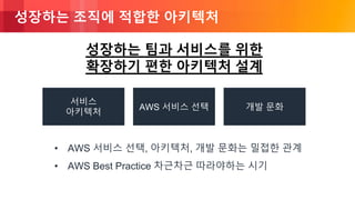© 2018, Amazon Web Services, Inc. or its Affiliates. All rights reserved.
성장하는 조직에 적합한 아키텍처
서비스
아키텍처
AWS 서비스 선택
• AWS 서비스 선택, 아키텍처, 개발 문화는 밀접한 관계
• AWS Best Practice 차근차근 따라야하는 시기
개발 문화
성장하는 팀과 서비스를 위한
확장하기 편한 아키텍처 설계
 