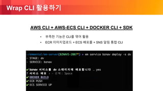 © 2018, Amazon Web Services, Inc. or its Affiliates. All rights reserved.
Wrap CLI 활용하기
AWS SDK에서 사용 가능한 기능
AWS CLI
• 부족한 기능은 CLI를 엮어 활용
• ECR 이미지업로드 + ECS 배포를 + SNS 알림 통합 CLI
AWS CLI + AWS-ECS CLI + DOCKER CLI + SDK
 