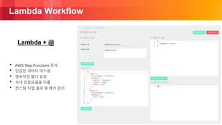© 2018, Amazon Web Services, Inc. or its Affiliates. All rights reserved.
Lambda Workflow
• AWS Step Functions 유사
• 민감한 데이터 마스킹
• 연속적인 람다 요청
• 사내 인증모델을 따름
• 컨스텀 작업 결과 및 에러 관리
Lambda + @
 