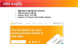 © 2018, Amazon Web Services, Inc. or its Affiliates. All rights reserved.
AWS Amplify
• 애플리케이션 개발자를 위한 라이브러리
• 각종 Boilerplate 사용가능
• Angular, React, Vue 지원
• Cognito, S3, Pinpoint, DynamoDB, AppSync
 