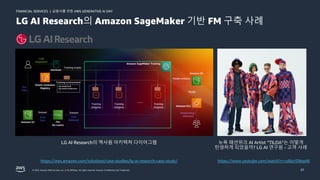 금융사를 위한 AWS GENERATIVE AI DAY
FINANCIAL SERVICES |
© 2023, Amazon Web Services, Inc. or its affiliates. All rights reserved. Amazon Confidential and Trademark. 22
LG AI Research의 Amazon SageMaker 기반 FM 구축 사례
https://www.youtube.com/watch?v=vd8aYD8epNI
뉴욕 패션위크 AI Artist “TILDA”는 어떻게
탄생하게 되었을까? LG AI 연구원 - 고객 사례
https://aws.amazon.com/solutions/case-studies/lg-ai-research-case-study/
LG AI Research의 엑사원 아키텍쳐 다이어그램
 