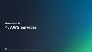 금융사를 위한 AWS GENERATIVE AI DAY
FINANCIAL SERVICES |
© 2023, Amazon Web Services, Inc. or its affiliates. All rights reserved. Amazon Confidential and Trademark.
© 2023, Amazon Web Services, Inc. or its affiliates. Al rights reserved.
© 2023, Amazon Web Services, Inc. or its affiliates. All rights reserved. Amazon Confidential and Trademark. 23
Generative AI
4. AWS Services
 