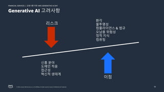 금융사를 위한 AWS GENERATIVE AI DAY
FINANCIAL SERVICES |
© 2023, Amazon Web Services, Inc. or its affiliates. All rights reserved. Amazon Confidential and Trademark. 36
Generative AI 고려사항
환각
불투명성
컴플라이언스 & 법규
오남용 위험성
정적 지식
컴퓨팅
신흥 분야
도메인 적응
접근성
혁신적 생태계
리스크
이점
 