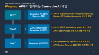 금융사를 위한 AWS GENERATIVE AI DAY
FINANCIAL SERVICES |
© 2023, Amazon Web Services, Inc. or its affiliates. All rights reserved. Amazon Confidential and Trademark. 39
Wrap-up: AWS와 함께하는 Generative AI 제언
Why?
What?
How?
§ AWS의 Digital Innovation Program Workshop
(Amazon의 Working Backwards 방식의 발굴)
Generative AI 프로젝트
3
AWS 기반의 다양한
Generative AI 서비스
2
Generative AI 기반의
Use case 발굴
1
§ AWS의 다양한 Foundation Model 확인, 점검
§ AWS 기반의 다양한 교육 프로그램 기반 학습
§ AWS Professional Service와 프로젝트 추진
§ AWS Partner Network 협업 통한 프로젝트 진행
 