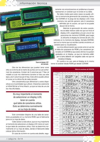 Otra de las diferencias que pueden tener entre
ellos es la forma de la matriz de puntos con la cual confor�
man los caracteres. Existen de 5 columnas por 7 filas (el
modelo al cual nos referiremos durante la nota usa este
tipo) y de 5 columnas por 8 filas. Este último puede utilizar
el cursor en la última fila de cada caracter.
	 Otra caracteristica que diferencian a estos dispo�
sitivos es el controlador que utilizan. Citaremos solamente
el HD44780 de la firma Hitachi, ya que se trata de uno de
los más difundidos.
	 Este controlador dispone de una tabla de carac�
teres ya grabados en su memoria ROM, que el fabricante
pone en su hoja de datos.
	 Cabe aclarar a esta altura, que es muy importante
al momento de seleccionar un display LCD, tener en cuen�
ta que tabla de caracteres utiliza. Esto se determina nor�
malmente en su hoja de datos, donde el fabricante debe
colocar dicha información.
	 En caso de no tener en cuenta este detalle, segu�
ramente nos encontraremos en problemas al querer
representar un carácter que no existe en su tabla.
	 De todos modos para estos casos se puede utili�
zar la memoria de generación de caracteres, llama�
da CGRAM en la jerga de los displays LCD. Esta
memoria nos permite generar solo 8 caracteres
definidos por el usuario, así que no se puede
abusar de la misma.
	 Además la generación de estos caracte�
res se debe realizar cada vez que se inicia el
display LCD, cargándolos uno por uno en las
posiciones de memoria CGRAM, para luego
al utilizarlos el display los tomara de allí y los
colocara en la memoria de display, llamada DDRAM,
que es la misma que se escribe cuando enviamos un
carácter para su visualización.
	 La única diferenciación que existe entre el uso de
la tabla de caracteres de ROM y los caracteres ge�
nerados en CGRAM es que estos últimos no quedan
grabados en el display, ya que es memoria volátil,
por lo tanto deberán ser cargados cada vez que se
inicializa el display.
	 En cuanto a su uso, para el display es lo mismo
tomar el carácter desde ROM que desde CGRAM.
.información técnica
Tipos de display LCD
del mercado
Es muy importante al momento
de seleccionar un display LCD,
tener en cuenta
qué tabla de caracteres utiliza.
Esto se determina normalmente
en su hoja de datos.
Tabla de caracteres del HD44780
//página 0x1A
 